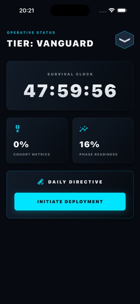 Adherence dashboard showing tier, survival clock and daily directive